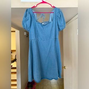 Blue jean fit and flare puff sleeve dress